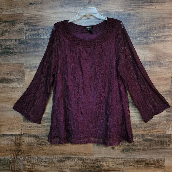 Style & Co Floral Lace Tunic Top 3x Flare Sheer Lace Sleeve Purple Coquette - Picture 1 of 9